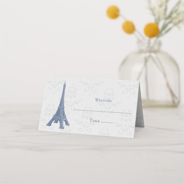 Blue Eiffel Tower Damask Reception Place Card (Front)