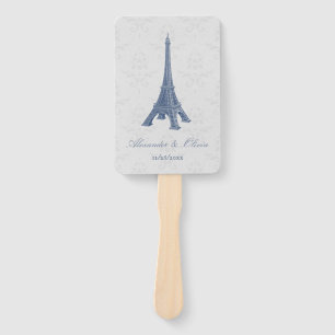 Blue Eiffel Tower Damask Wedding Favour Hand Fan