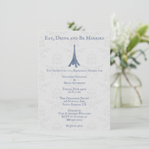 Blue Eiffel Tower Damask Wedding Rehearsal Dinner Invitation