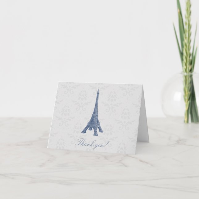 Blue Eiffel Tower Damask Wedding Thank You Cards (Front)