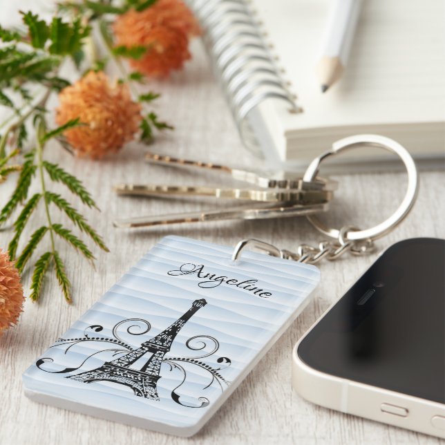 Blue Eiffel Tower Flourish Keychain (Front Right)