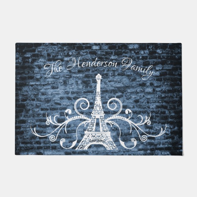Blue Eiffel Tower Grunge Personalized Door Mat (Front)