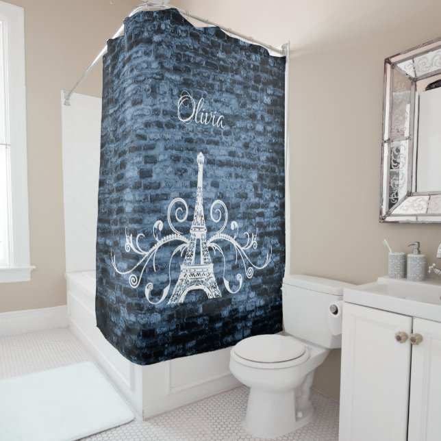 Blue Eiffel Tower Grunge Shower Curtain (In Situ)