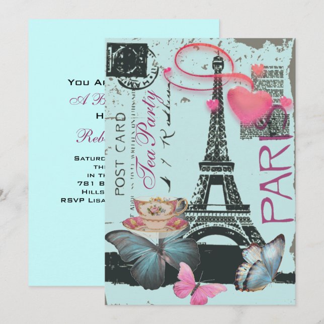 Blue eiffel tower Paris bridal tea party Invitation (Front/Back)