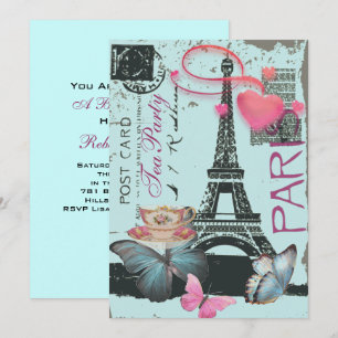 Blue eiffel tower Paris bridal tea party Invitation
