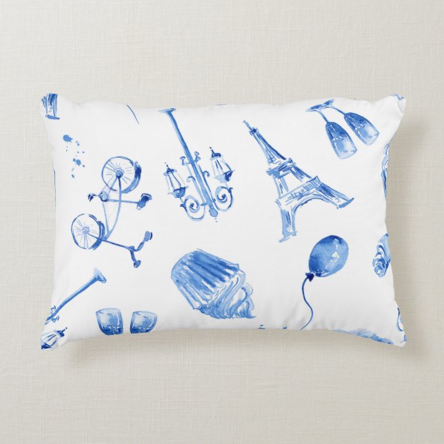 Blue Eiffel Tower Paris Watercolor Art Accent Pillow (Front)