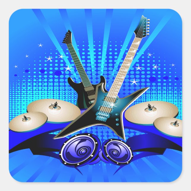 Blue Electric Guitars, Drums & Speakers Square Sticker (Front)