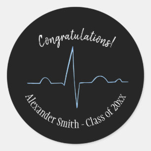 Blue Electrocardiogram Personalized Graduation  Classic Round Sticker