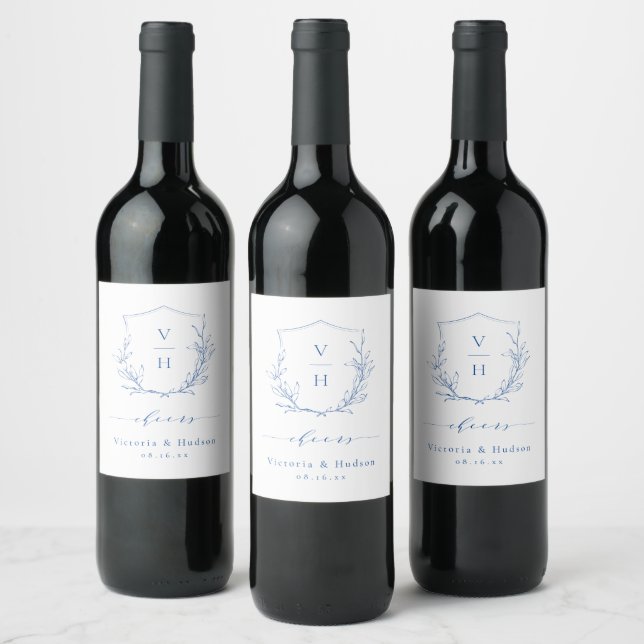 Blue elegance botanical crest monogram wedding  wine label (Bottles)