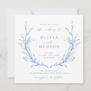 Blue elegance botanical wreath rustic wedding invitation