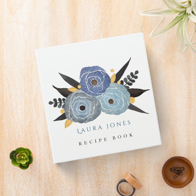 Blue Elegance Floral Personalized Recipe Binder (In Situ)