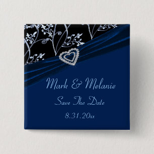 Blue Elegance Heart Floral Swirls 2 Inch Square Button