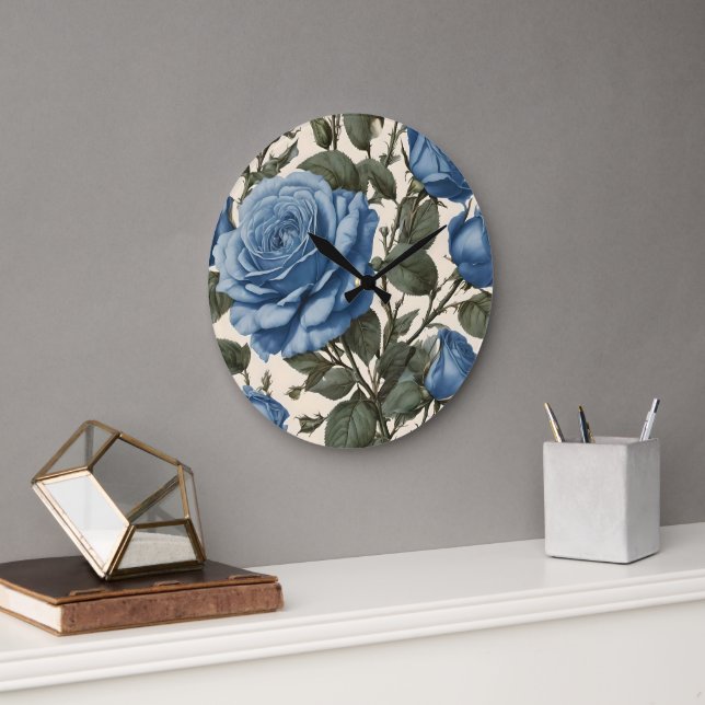 Blue Elegance: Vintage Provincial Roses in Bloom Large Clock (Office)