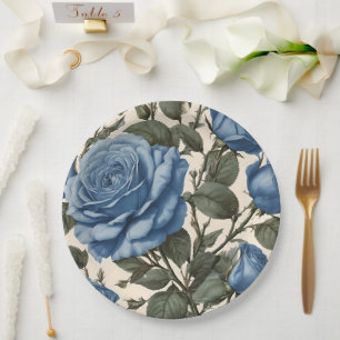 Blue Elegance: Vintage Provincial Roses in Bloom Paper Plate