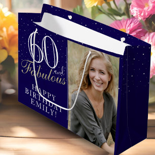Blue Elegant 60 and Fabulous 60th Birthday Photo Large Gift Bag