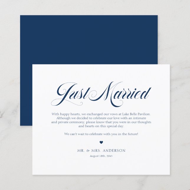 Blue Elegant Bold Calligraphy Just Married Card (Front/Back)