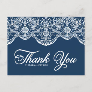 Blue Elegant Botanical Brocade Lace Thank You Postcard