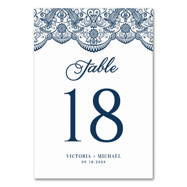 Blue Elegant Botanical Brocade Lace Wedding Table Number (Front)