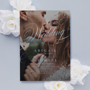 blue elegant classic calligraphy photo wedding invitation