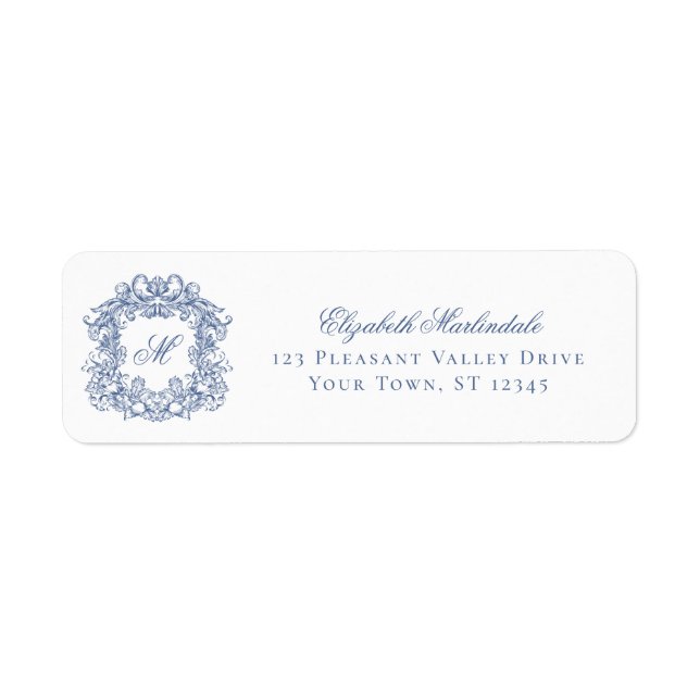 Blue Elegant Crest Monogram Wedding Return Address (Devant)