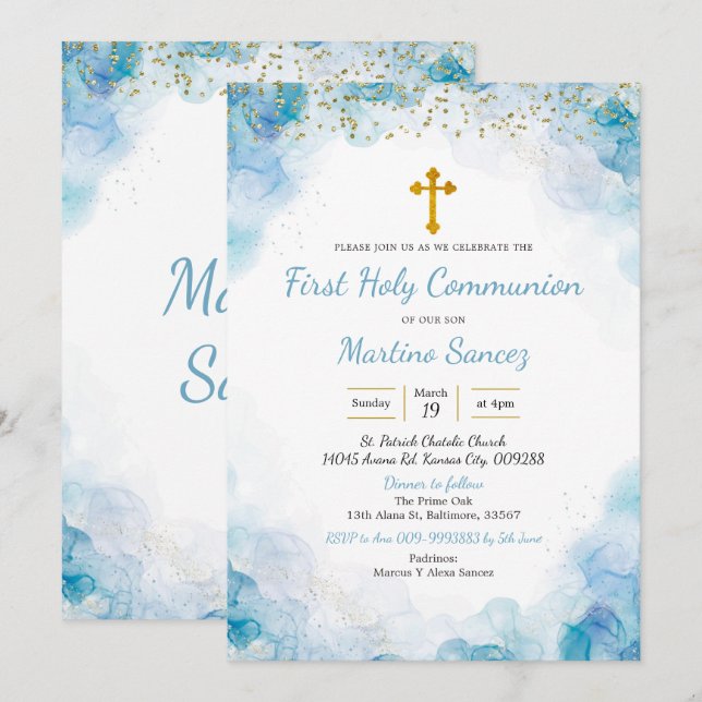 Blue Elegant Cross first communion Invitation (Front/Back)