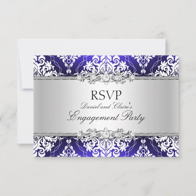 Blue Elegant Damask Engagement Party RSVP Invitation (Front)