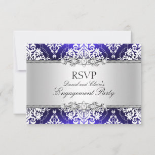 Blue Elegant Damask Engagement Party RSVP Invitation