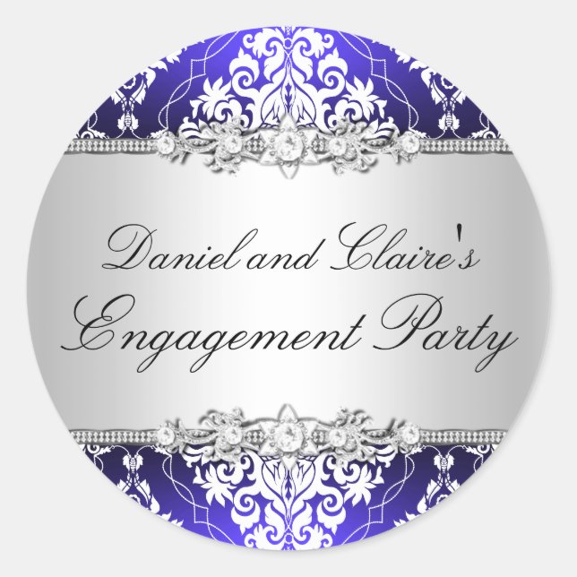 Blue Elegant Damask Engagement Party Sticker (Front)