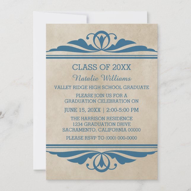 Blue Elegant Deco Graduation Invite (Front)