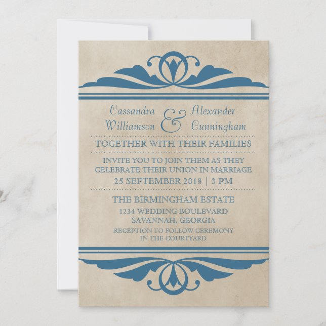 Blue Elegant Deco Wedding Invite (Front)