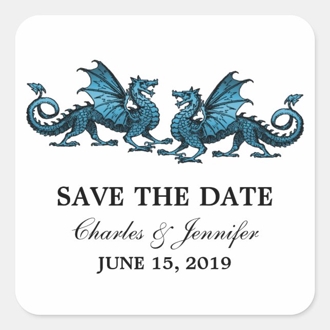 Blue Elegant Dragons Save the Date Stickers (Front)