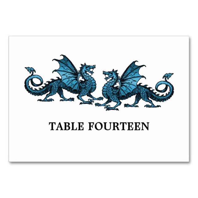 Blue Elegant Dragons Table Card (Front)