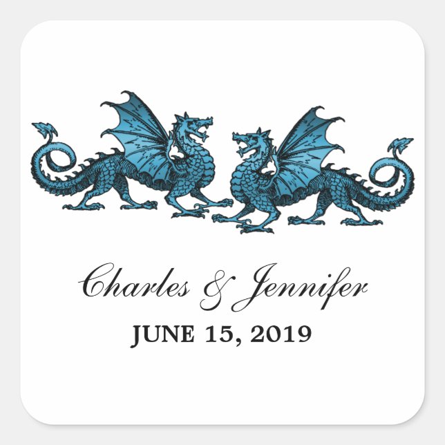 Blue Elegant Dragons Wedding Stickers (Front)