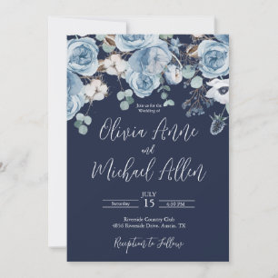 Blue Elegant Floral Script Wedding Invitation