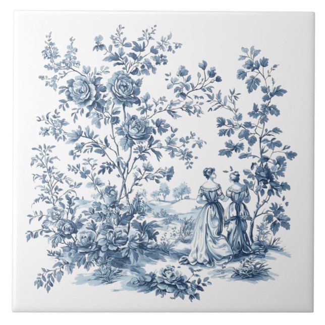 Blue Elegant Floral Toile Vintage Design Tile (Front)