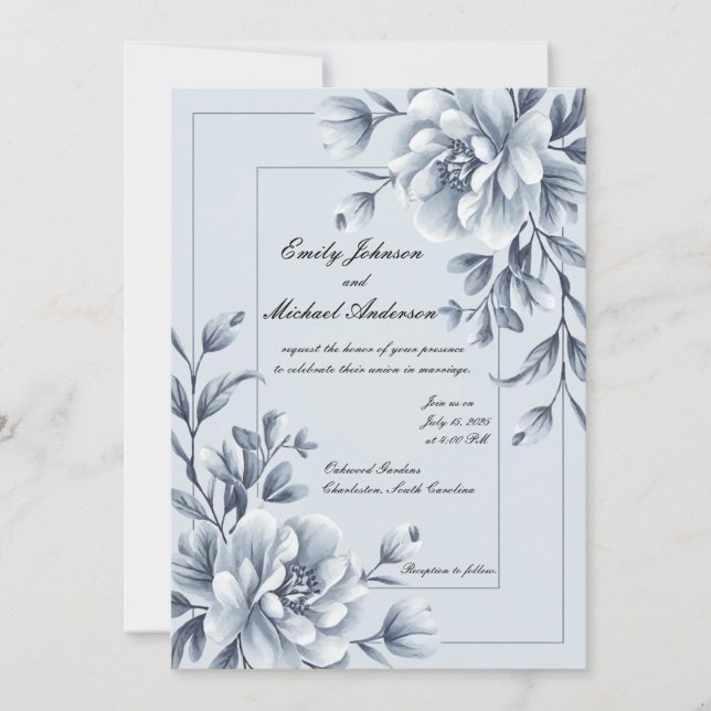 Blue Elegant Floral Wedding Invitation (Front)