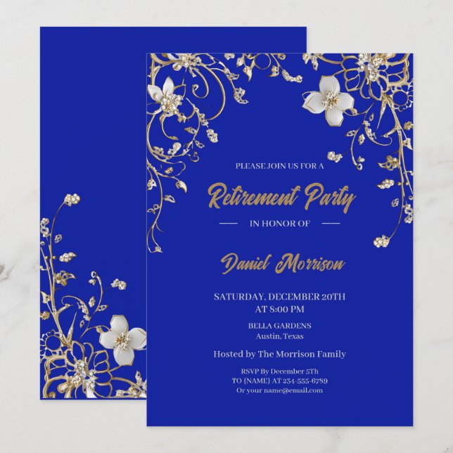 Blue Elegant Gold Floral Frame Retirement 2025 Invitation (Front/Back)