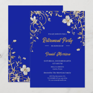 Blue Elegant Gold Floral Frame Retirement 2025 Invitation