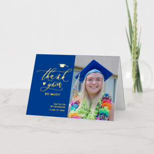 Blue Elegant Gold Script Graduation Thank You Foil Greeting Card