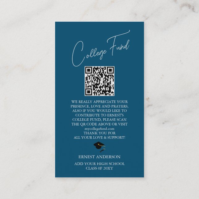 Blue Elegant Graduation Photo QR Code College Fund Enclosure Card (Back)