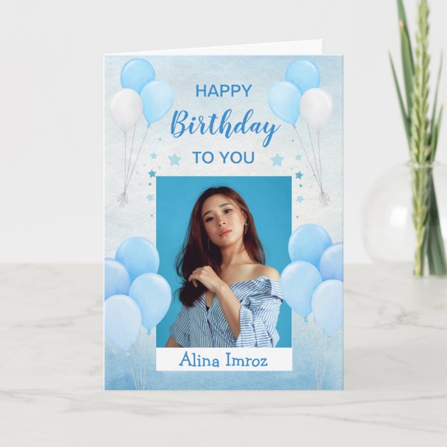 Blue Elegant Happy Birthday Folded Greeting Card (Front)