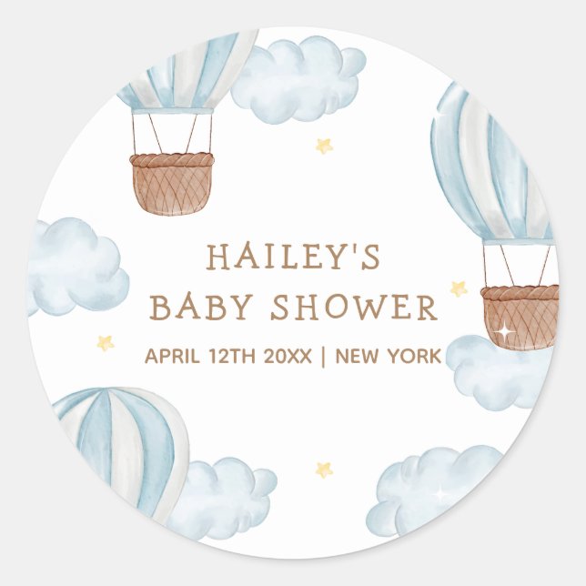 Blue Elegant Hot Air Balloon Cloud Boy Baby Shower Classic Round Sticker (Front)