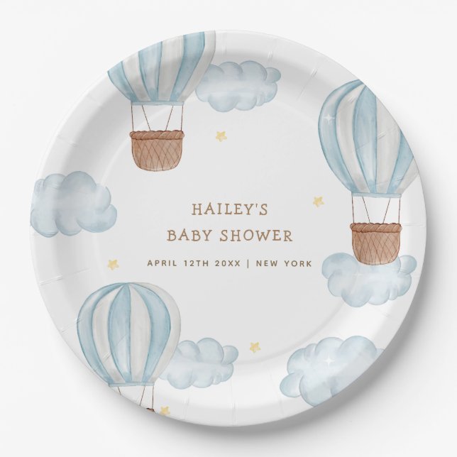 Blue Elegant Hot Air Balloon Cloud Boy Baby Shower Paper Plate (Front)