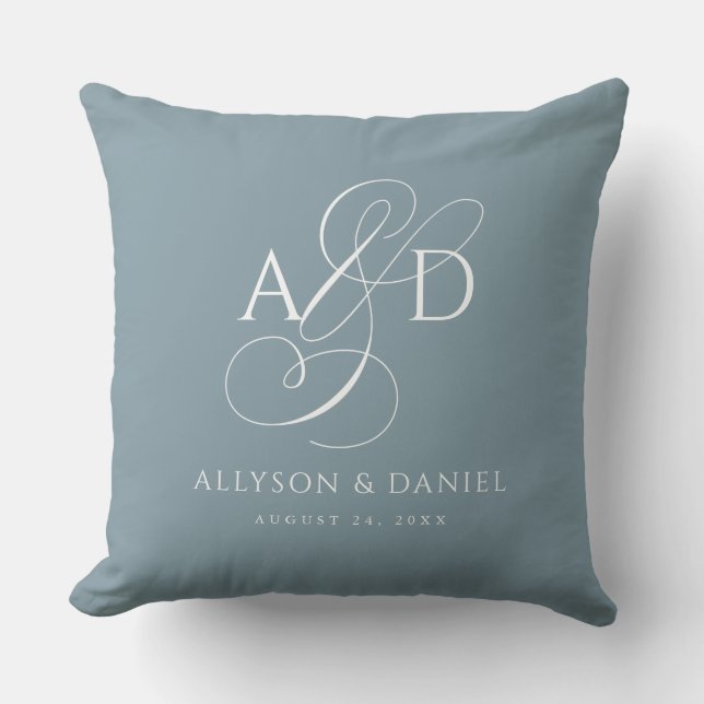 Blue Elegant Initial Script Monogram Wedding Throw Pillow (Front)