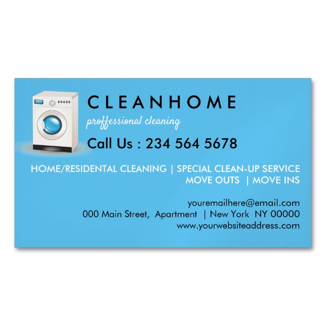 Blue Elegant Laundry Cleaning Service Magnetic Business Card (Front)