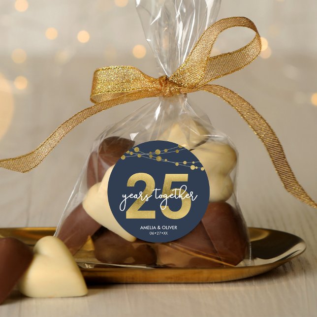 Blue Elegant Lights 25th Wedding Anniversary Classic Round Sticker (Creator Uploaded)