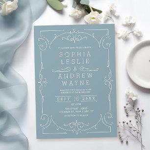 Blue elegant modern classic vintage wedding invita invitation