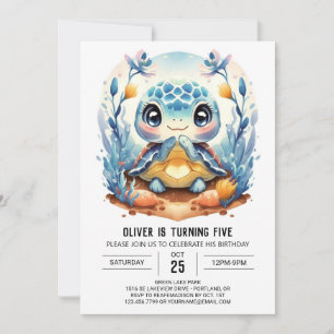 Blue Elegant Modern Turtle Boy Birthday Invitation