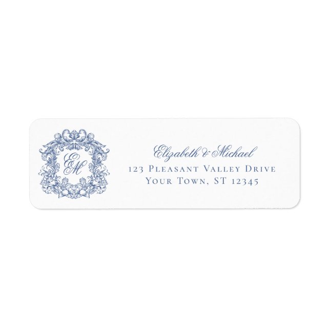 Blue Elegant Monogram Crest Wedding Return Address (Devant)
