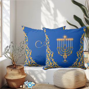 Blue Elegant Monogram Hanukkah Golden Menorah Throw Pillow